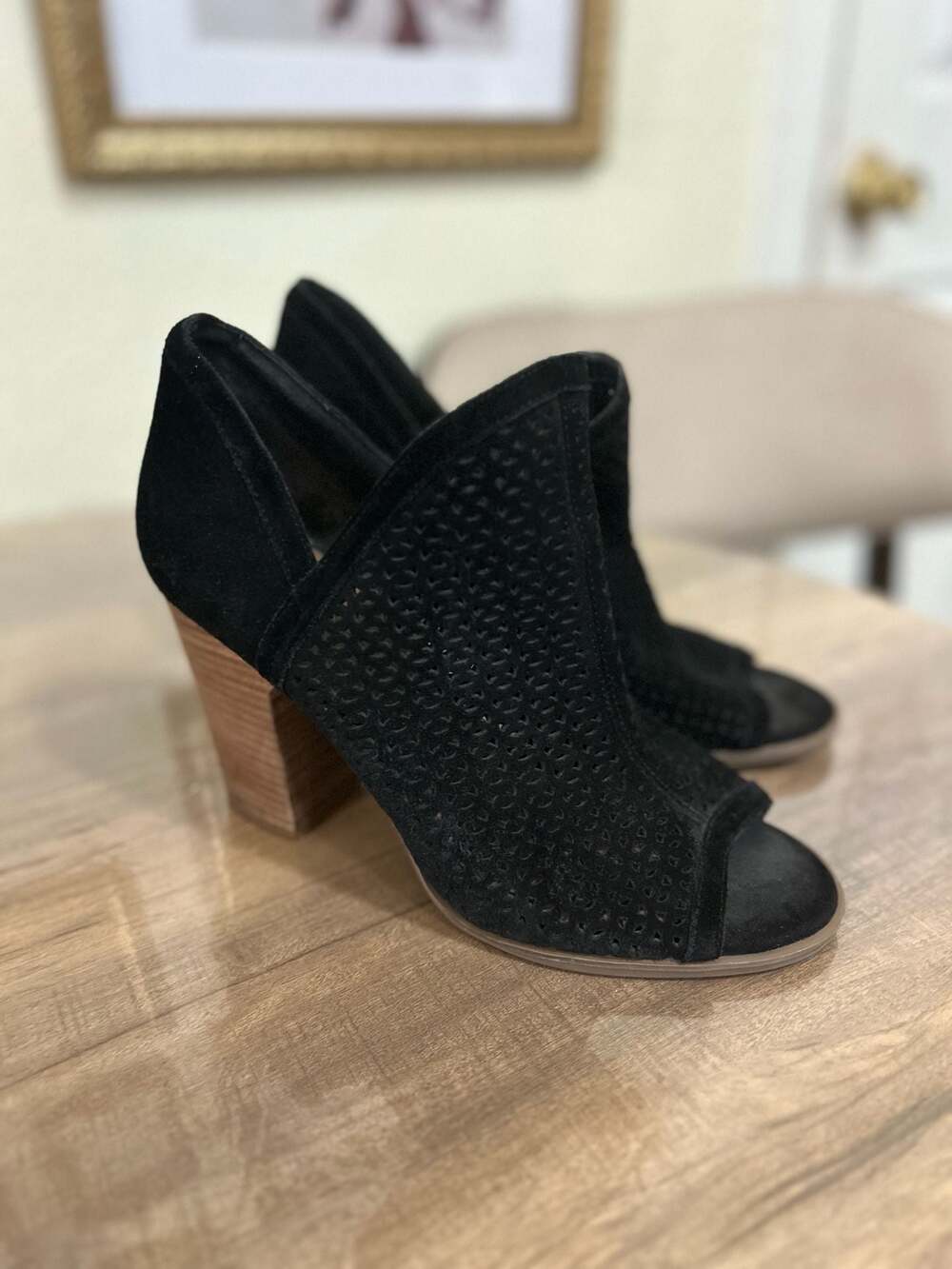 Lucky Brand Black Suede Livey Perforated Open Toe Booties Size 10M